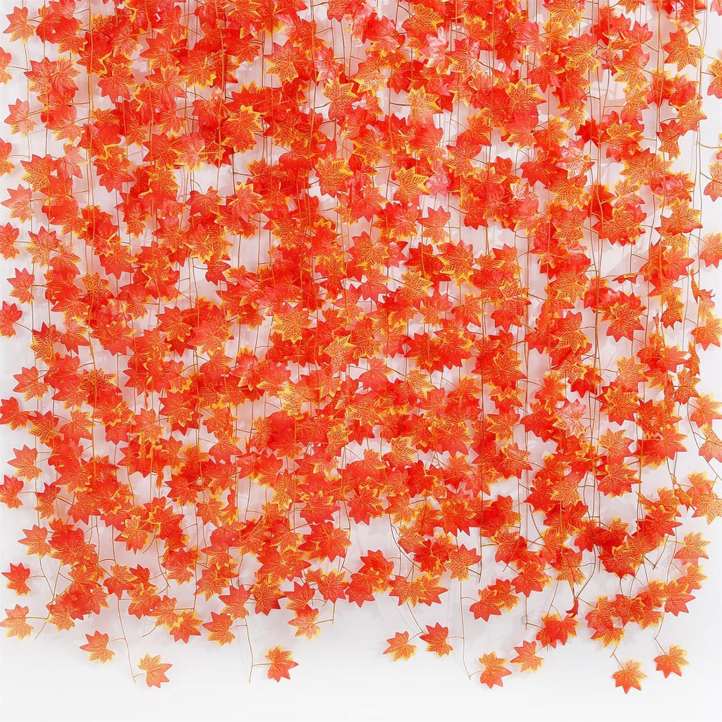 Fall Leaf Garland for Room Decor(12 Pack),Artificial Maple Leaves,Autumn Hanging Vines Red Ivy Plant for Bedroom Wall Decor Thanksgiving Halloween Christmas WeddingParty Garden Fireplace