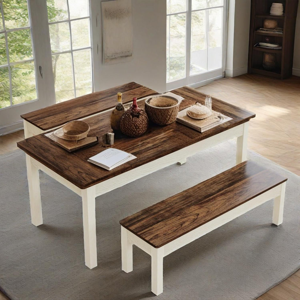 Farmhouse Kitchen Table Set for 4-6, 55-Inch Wooden Dining Table with 2 Benches, Space Saving 3 Pieces Heavy Duty Dinette