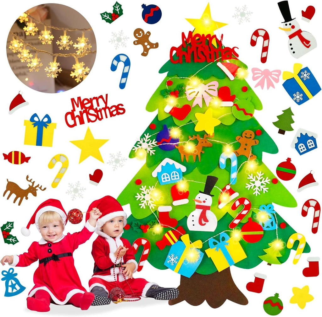 Felt Christmas Tree for Toddlers - 3.3ft Felt DIY Tree Set for Kids Wall with Snowflake Lights + 32 Ornaments, Indoor Christmas Home Wall Hanging Decor Decorations, Xmas Activities Gifts