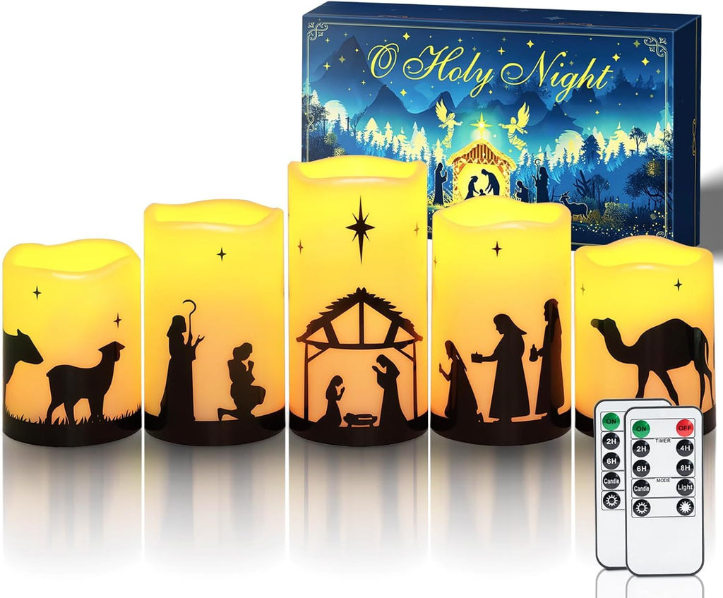 Flameless Christmas Nativity Scene Candles, Battery Operated LED Pillar Religion Candles, Nativity Sets Indoor Outdoor Decor for Xmas Holiday Home Decor, Remote Timer, Christmas Decor, 5 Pack