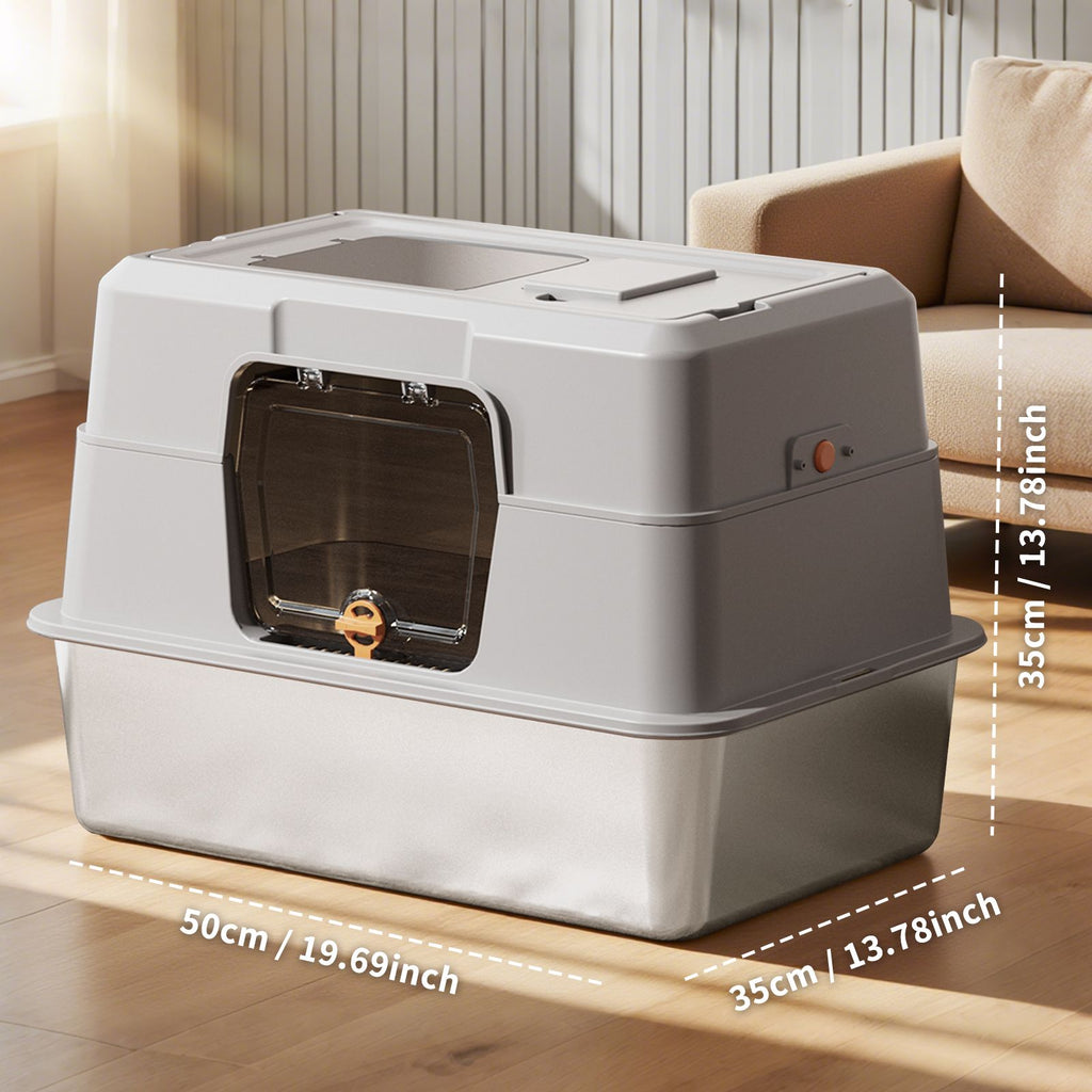Fully enclosed stainless steel large lid cat litter box, high edge metal cat litter tray with cat litter scoop and mat, odor proof, leak proof, easy to clean