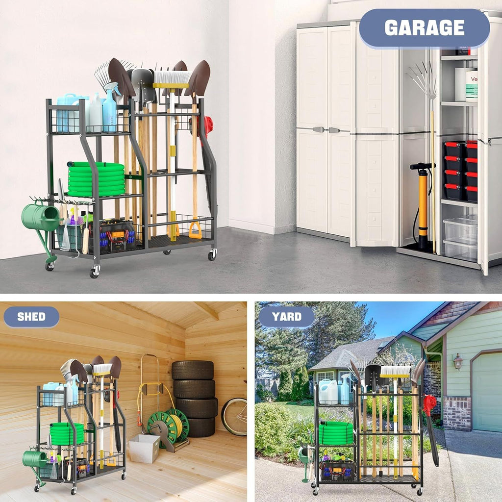 Garden Tool Organizer with Wheels for Garage, Large Storage Capacity, Rakes/Shovels/Yard Tools Storage Stand for Shed, Garden, Indoor/Outdoor Long-Handled Tools Rolling Cart