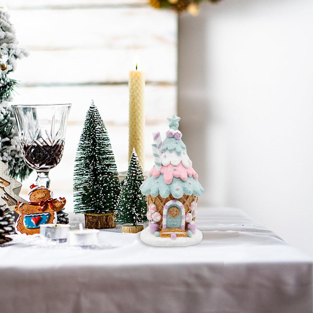 Gingerbread House Decorations, Pastel Pink Gingerbread Christmas Decor, Christmas Resin Ginger Bread Treehouse Decorations Indoor, Xmas Tabletop Village Houses Decor