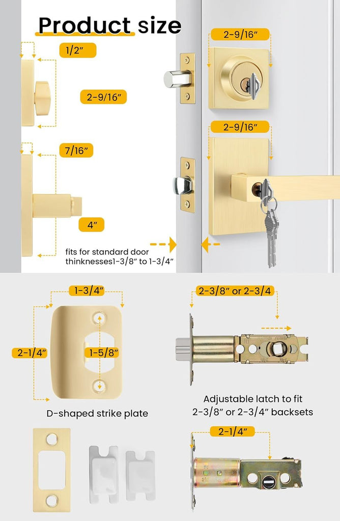 Gold Exterior Door Lock Set, Front Door Lock Set with Deadbolt, Heavy Duty Zinc-alloyed Exterior Door Handle Square Contemporary Brushed Gold Front Door Lock Sets (3 Pack)