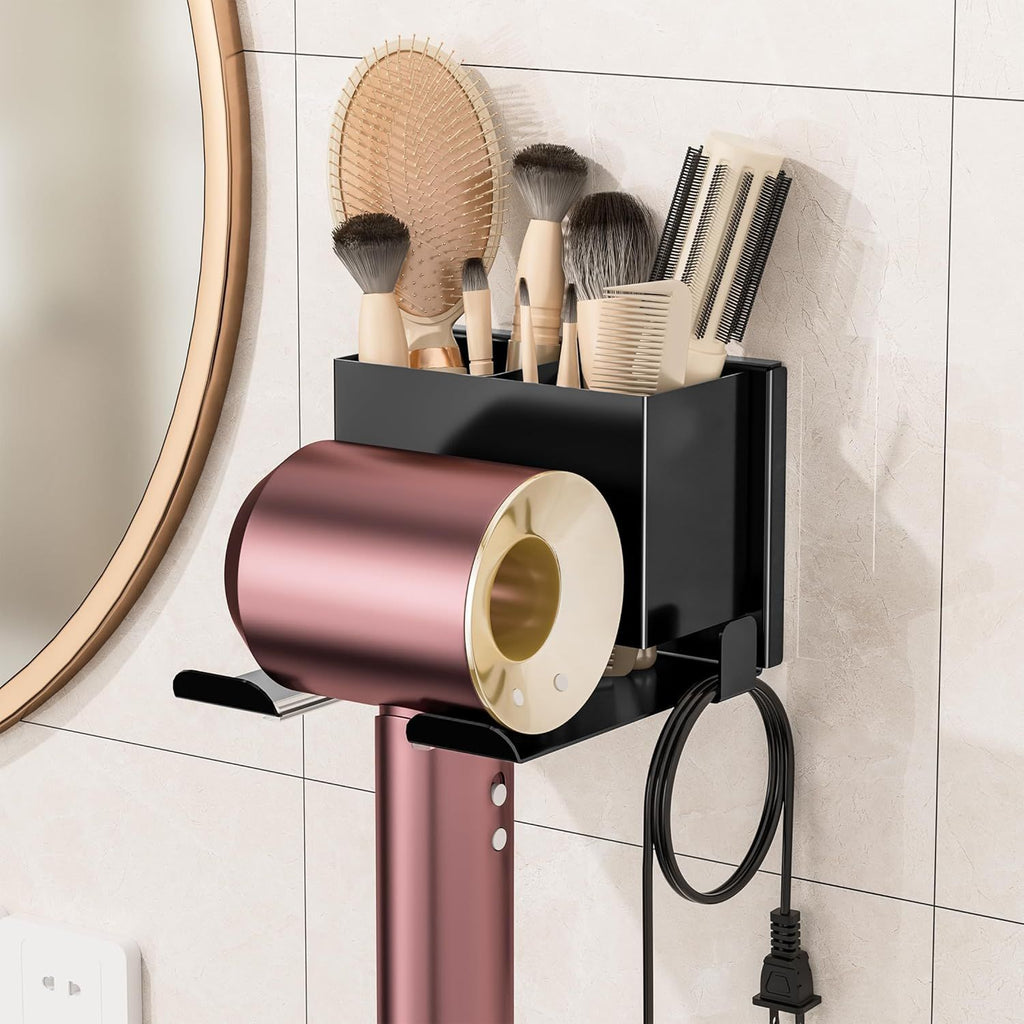 Hair Dryer Holder Wall Mounted, Metal Hair Dryer Holder for Bathroom, Blow Dryer Holder with Plug Cord Organizer, Self Adhesive or Screw Hair Tool Organizer for Bathroom, Makeup Room, Black