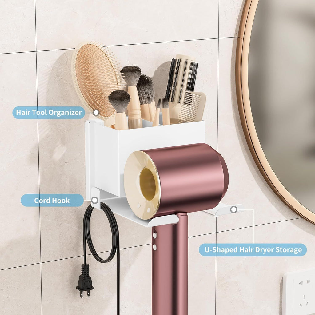 Hair Dryer Holder Wall Mounted, Metal Hair Dryer Holder for Bathroom, Blow Dryer Holder with Plug Cord Organizer, Self Adhesive or Screw Hair Tool Organizer for Bathroom, Makeup Room, Black