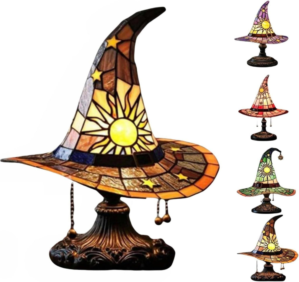 Handmade Gothic Witch Hat Night Light –Witch Hat Lamp Stained Glass LED Lamp, Spooky Halloween Decor, Indoor & Outdoor Witchcraft Gift, Unique Halloween Party Lighting