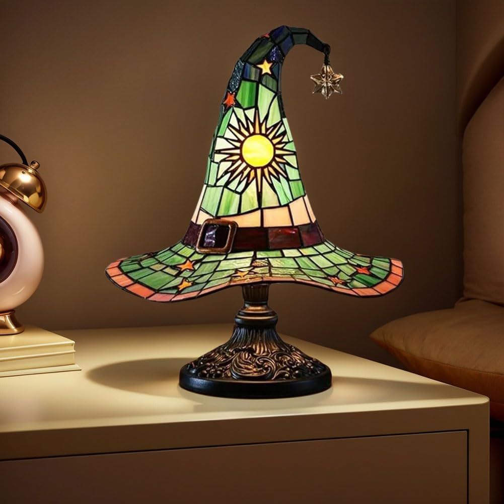 Handmade Gothic Witch Hat Night Light –Witch Hat Lamp Stained Glass LED Lamp, Spooky Halloween Decor, Indoor & Outdoor Witchcraft Gift, Unique Halloween Party Lighting