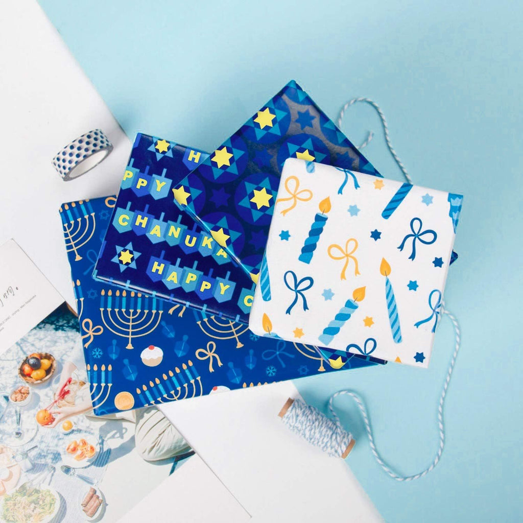 Hanukkah Wrapping Paper Set - Menorahs, the Star of David, Candles Design Chanukah Wrapping Paper Bundle with Gift Bow & Ribbon & Tag & Sticker