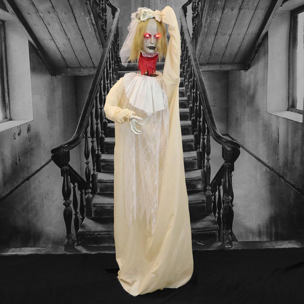 Haunted Hill Farm Zombie Bride with Pop-Up Head and Light-Up Eyes, Halloween Animatronic for Battery Operated Scary Indoor or Covered Outdoor Halloween Decorations, Creepy Halloween Props