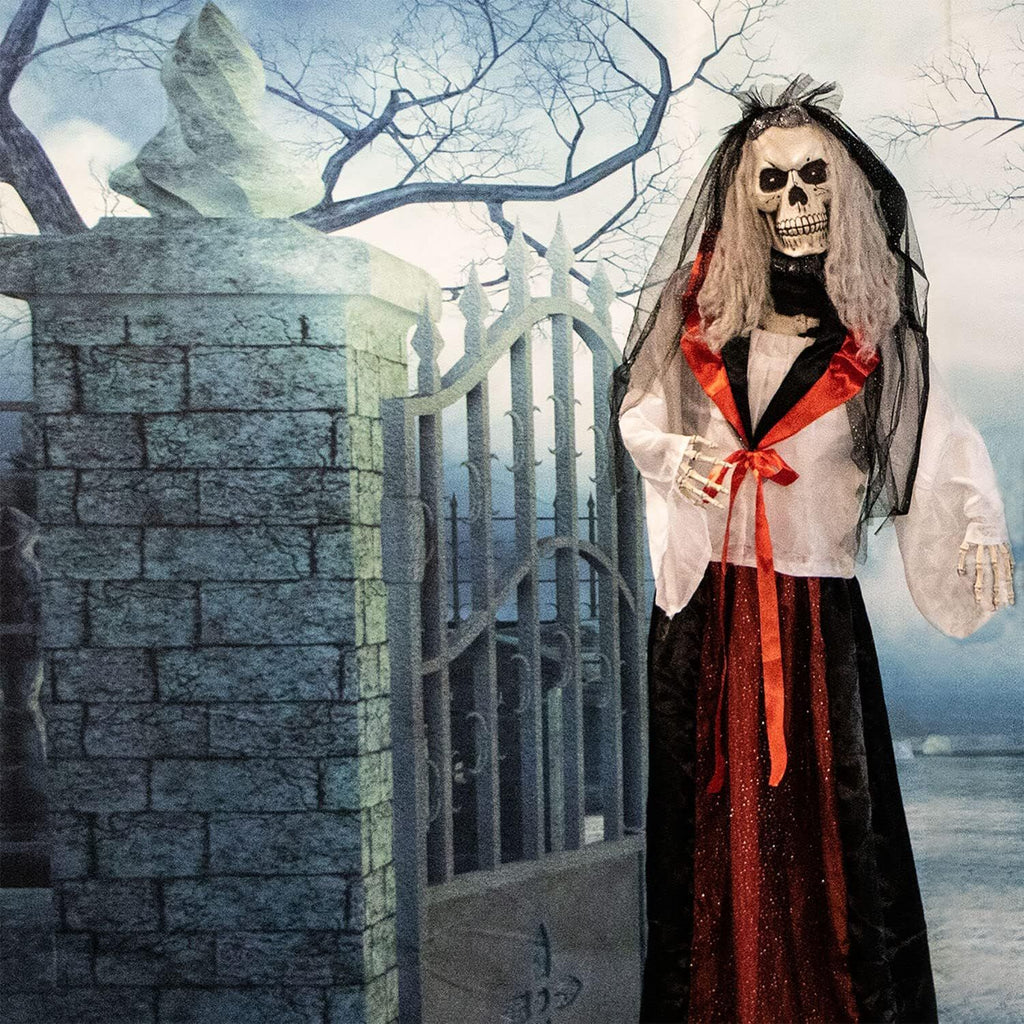 Haunted Hill Farm Zombie Bride with Pop-Up Head and Light-Up Eyes, Halloween Animatronic for Battery Operated Scary Indoor or Covered Outdoor Halloween Decorations, Creepy Halloween Props