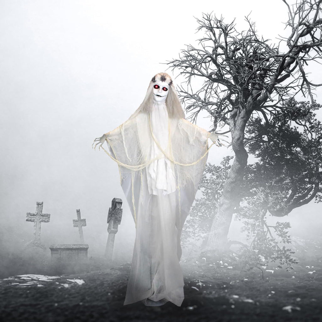 Haunted Hill Farm Zombie Bride with Pop-Up Head and Light-Up Eyes, Halloween Animatronic for Battery Operated Scary Indoor or Covered Outdoor Halloween Decorations, Creepy Halloween Props
