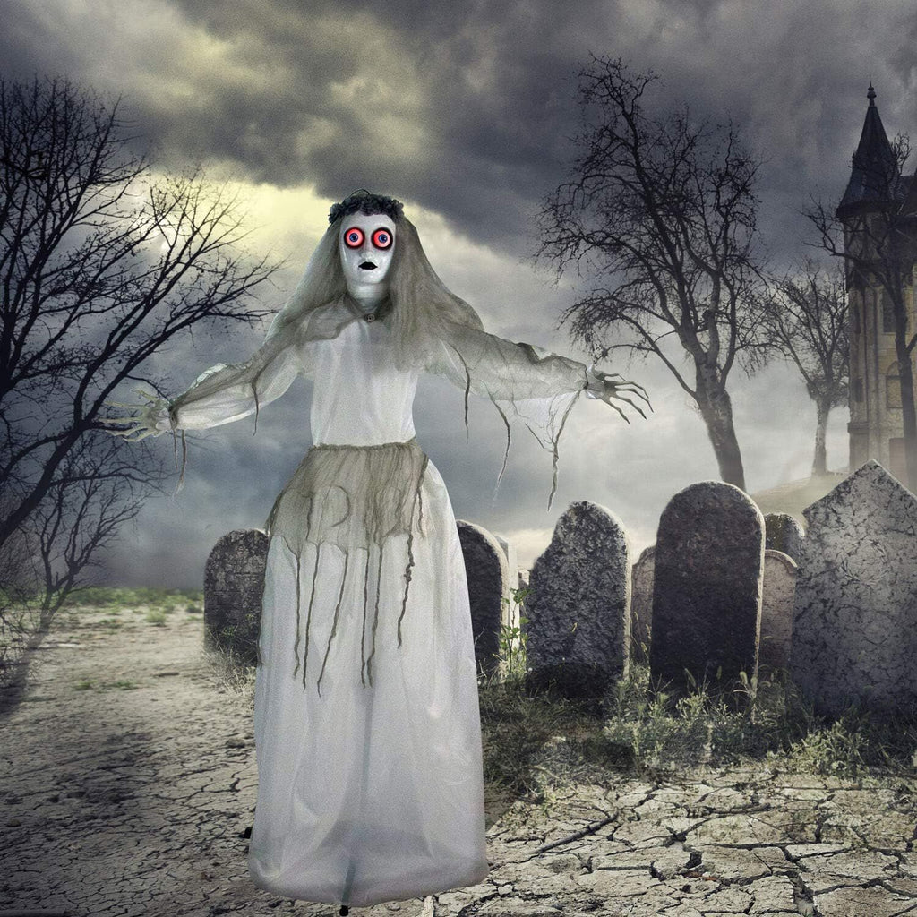 Haunted Hill Farm Zombie Bride with Pop-Up Head and Light-Up Eyes, Halloween Animatronic for Battery Operated Scary Indoor or Covered Outdoor Halloween Decorations, Creepy Halloween Props