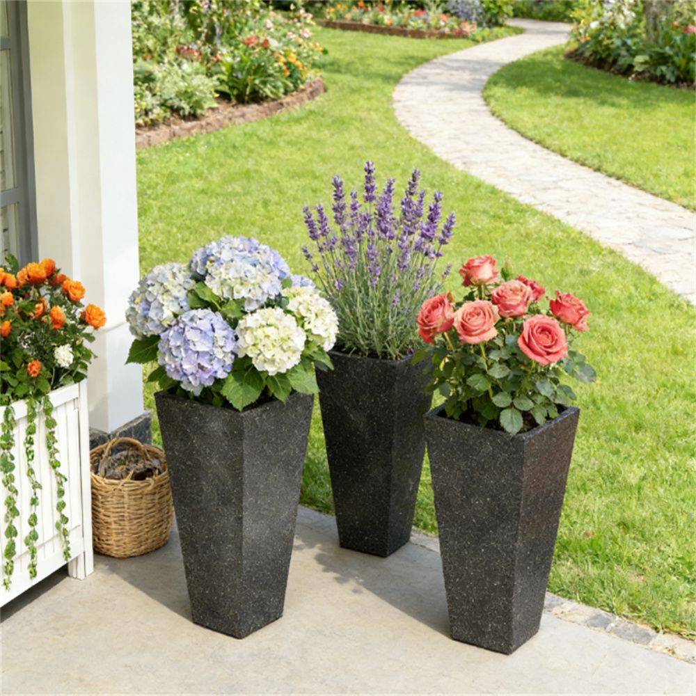 High flower pot, plastic flower pot, black