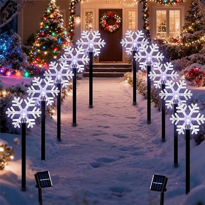 ILLUMINEW Christmas Snowflake Pathway Lights, 10 Pack Solar Christmas Stake Markers with Cool White Fairy Lights for Outdoor Holiday Walkway Patio Garden Decorations