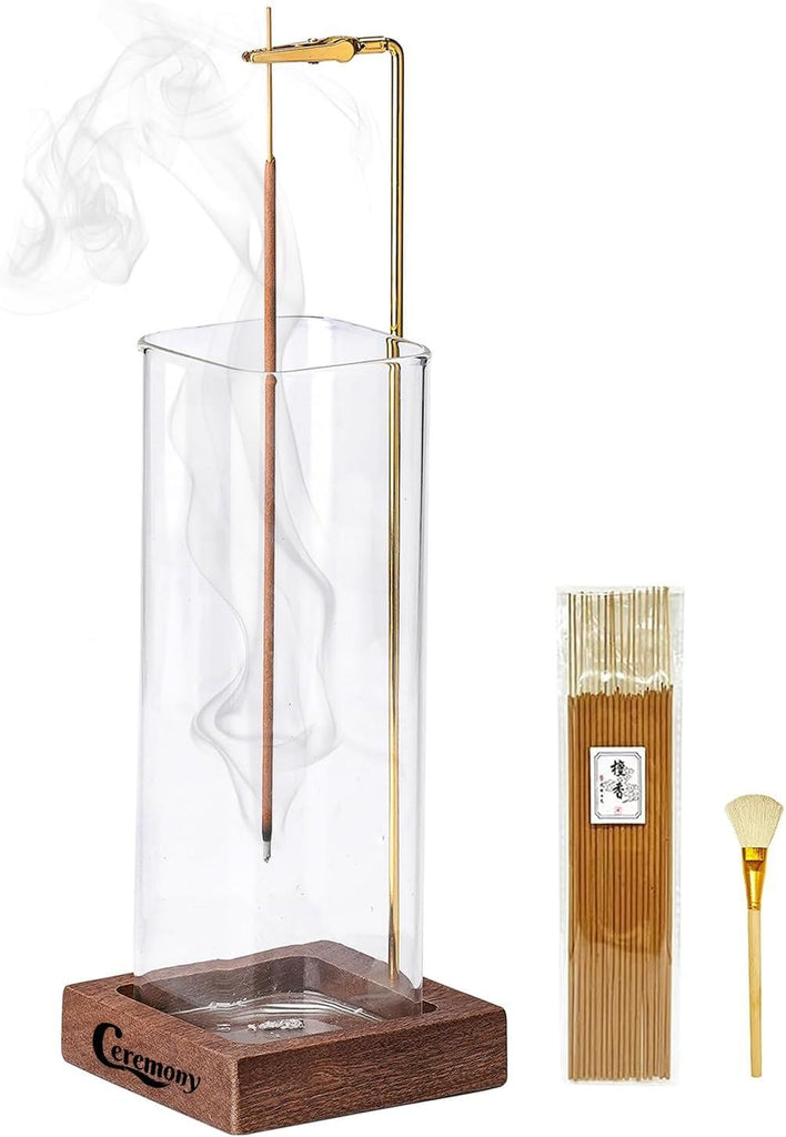 Incense Holder, Wooden Incense Holder for Sticks with Glass Ash Catcher, Anti-ash Incense Burner with 20 Incense Sticks and a Ash Brush for Meditation Yoga Spa Room Decor