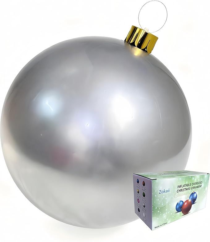Inflatable Christmas Ornament Ball - 18" or 25" Indoor/Outdoor Holiday Decorations - Reusable and Storage Friendly (Silver, 18')