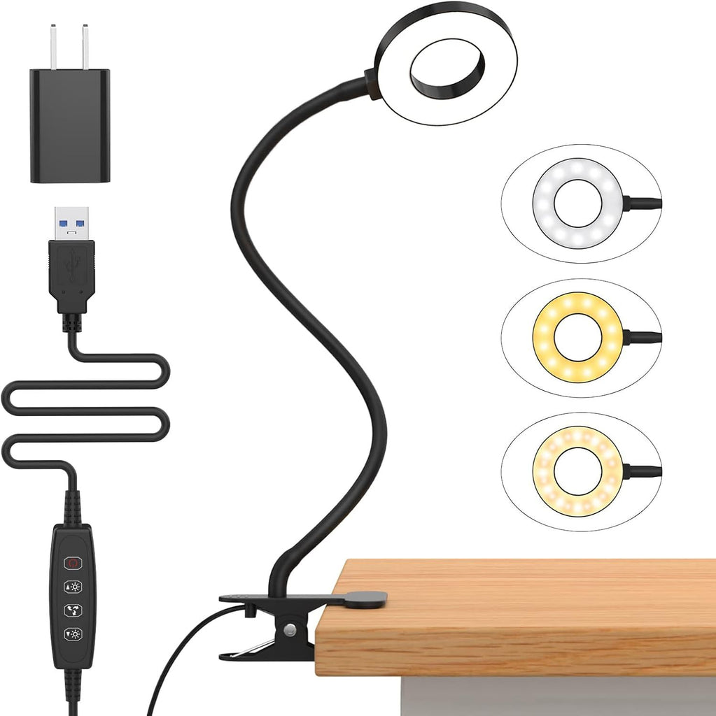iZELL Desk Lamp, [3 Color Modes & 10 Brightness] LED Reading Light with Clamp, Silicone Flexible Arm Book Light for Kids Reading Book in Bed at Night Clip on Table, Headboard, Dorm - 15.8'' Black