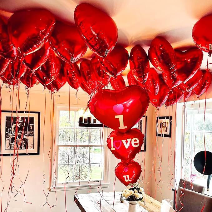 KatchOn, 12+1 Foil Red Heart Balloons Decorations - Large, 36 Inch | I Love You Balloons for Happy Anniversary decorations | Red Love Balloon for Romantic Decorations Special Night, Proposal Decor