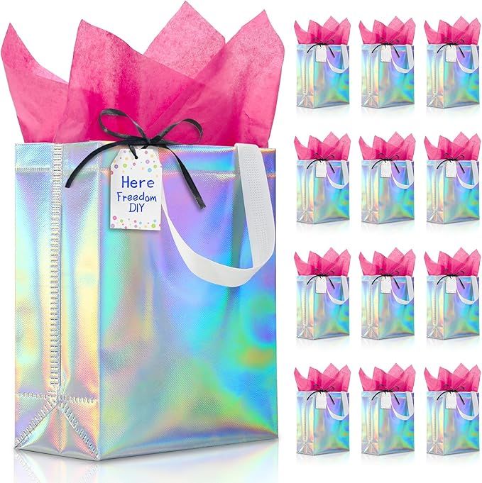 KeerxunBag 12-Pack Reusable Gift Bags Set with Handles - Rainbow Glitter Design, Comes with Pink Tissue Paper, Ribbon, and Gift Tags - 10x4x8 Inches Holiday/Event/Birthday Gift Wrapping Set