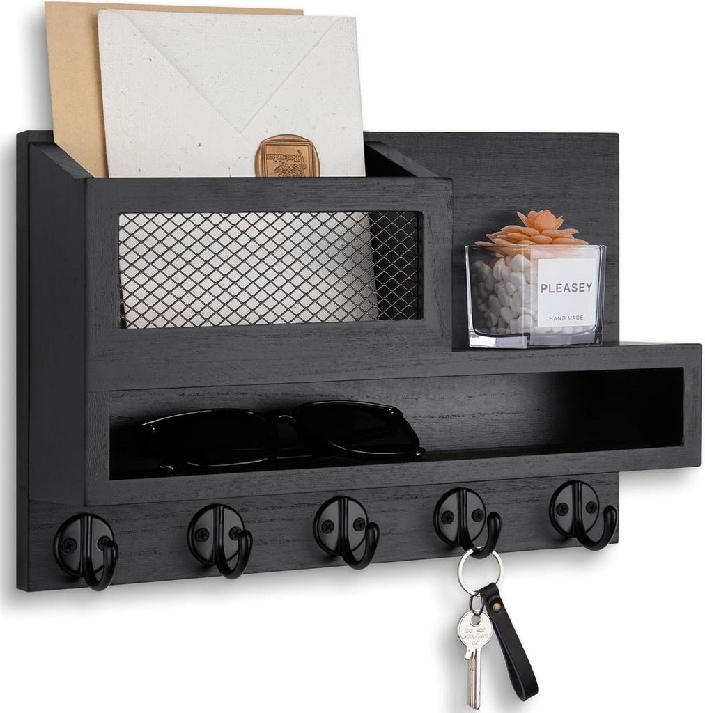Key and Mail Holder Wall Mount, Key Hanger with Long Storage Box and 5 Hooks for Coat, Dog Leash, Home Decor Rack, House Accessories, Entry Way Organizer 11.8'W x 7.8'H x 3.2'D