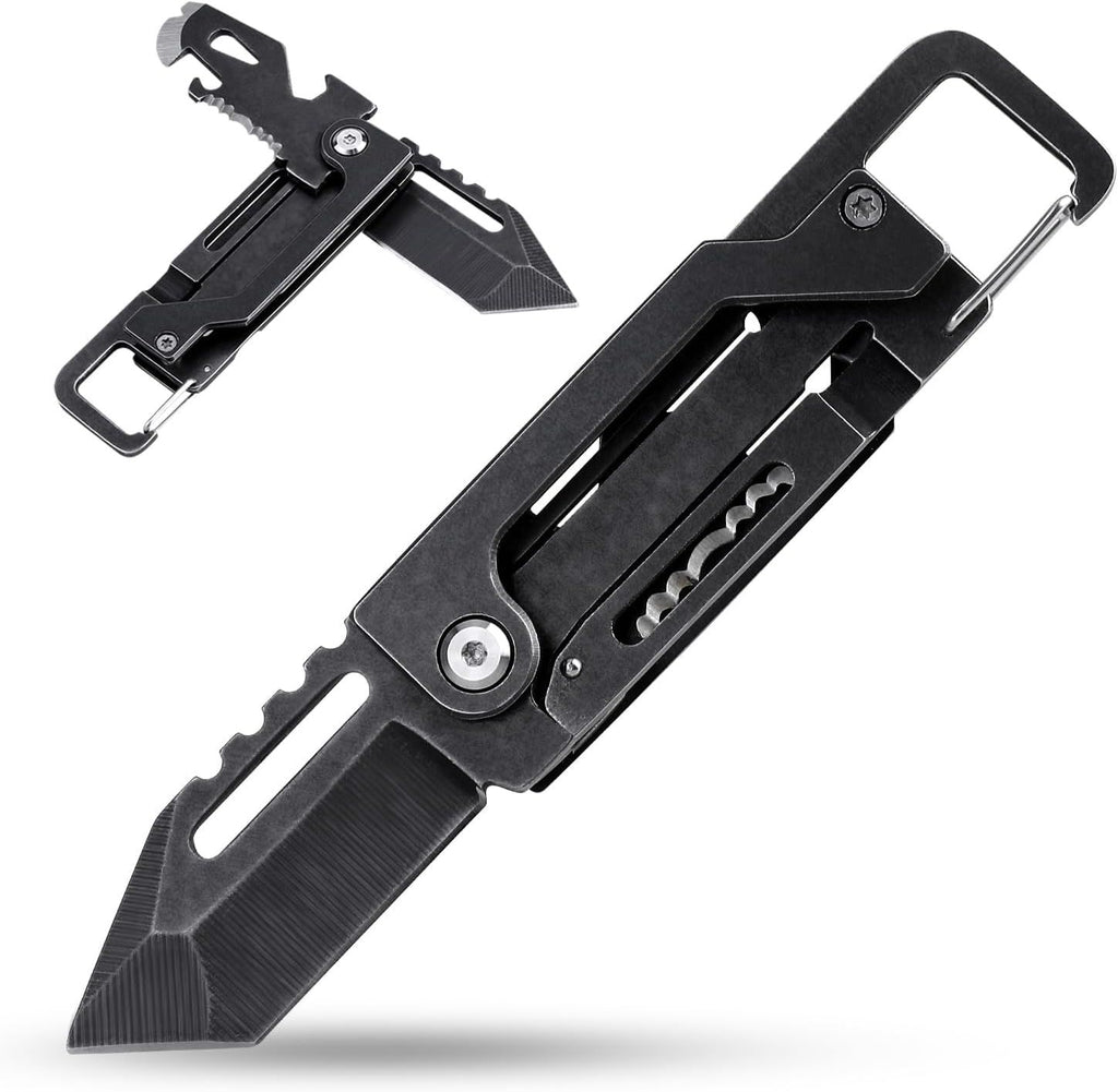 Keychain Knife, Carabiner Multitool, Tanto Pocket Knife with Key Clip, Box Cutter, Can/Bottle Opener, Screwdriver Wrench, Pry Tools, EDC Hiking Camping Gear, Gifts for Men Women Everyday Carry