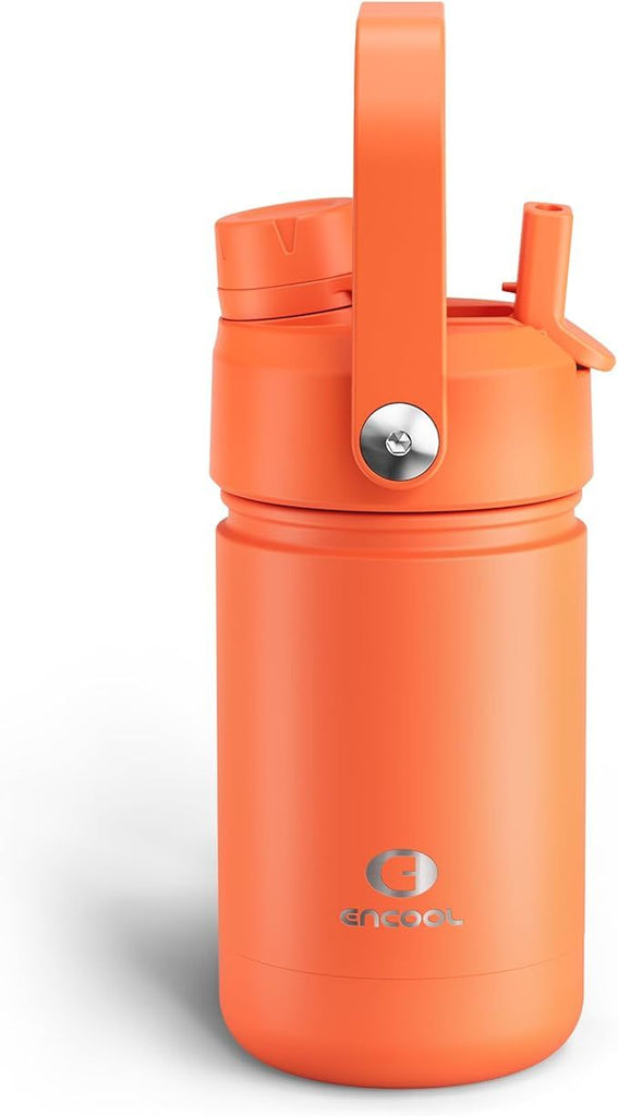 Kids Insualated Water Bottle with Straw - 12oz Stainless Steel Water Bottle with Dual Spouts, Leak-Proof, BPA-Free, Double Wall Vacuum Keeps Cold for 24 Hours for Sports, Travel (Moderate Orange)