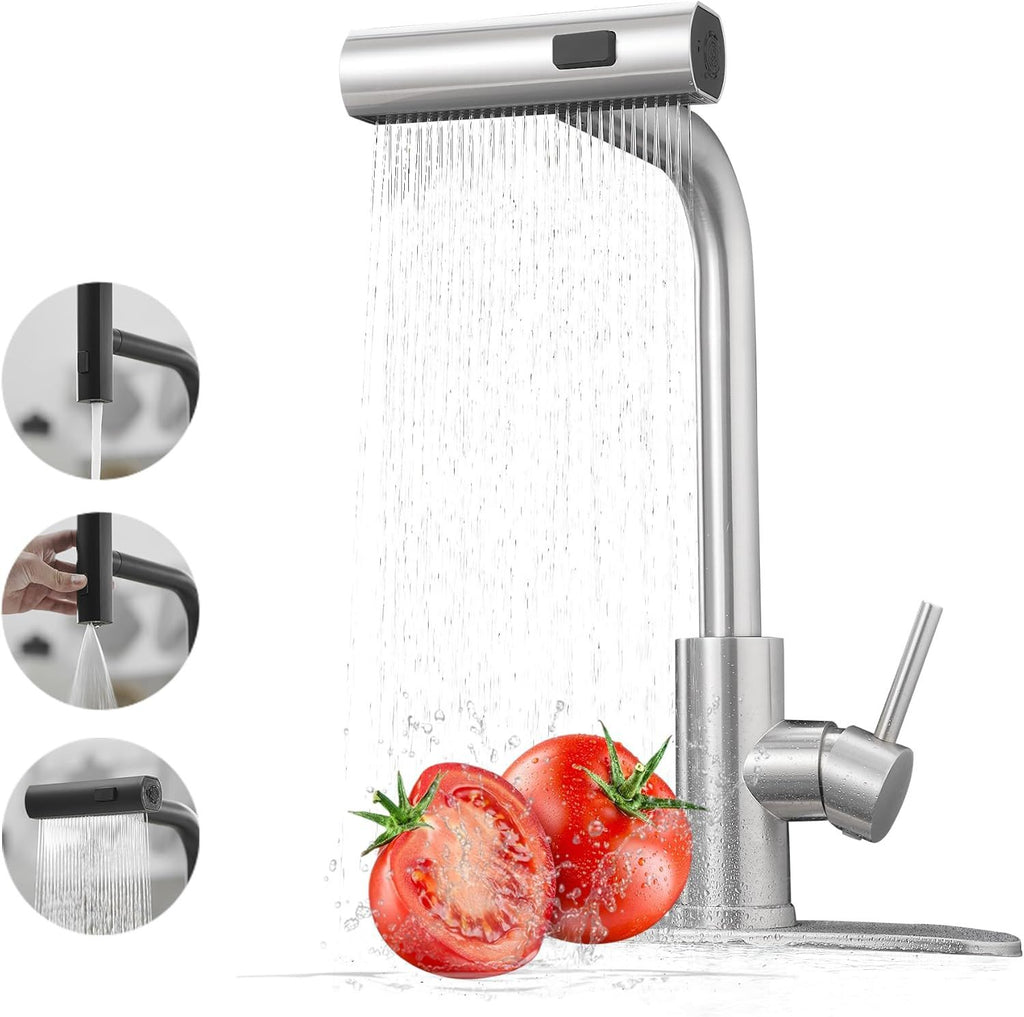Kitchen Faucets with Pull Down Sprayer,Waterfall Kitchen Sink Faucet,Commercial Utility Stainless Steel Kitchen Faucets,Single Handle Kitchen Sink Faucet with Pull Down Sprayer for 3 Function,Brushed