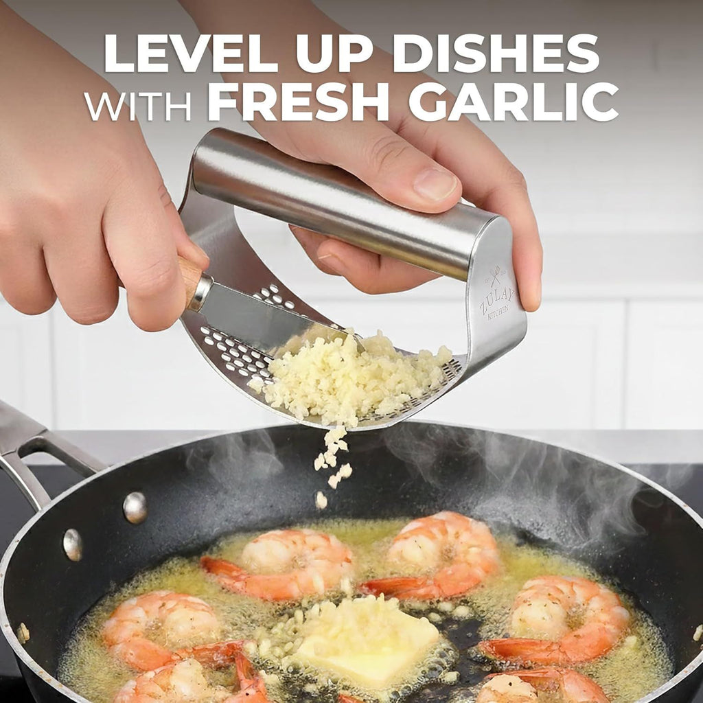 Kitchen Stainless Steel Garlic Press Rocker Set - Time Saving, Durable Strong Garlic Mincer Tool - Easy to Use & Clean Garlic Crusher Set with Peeler and Scraper Kitchen Gadget Smasher