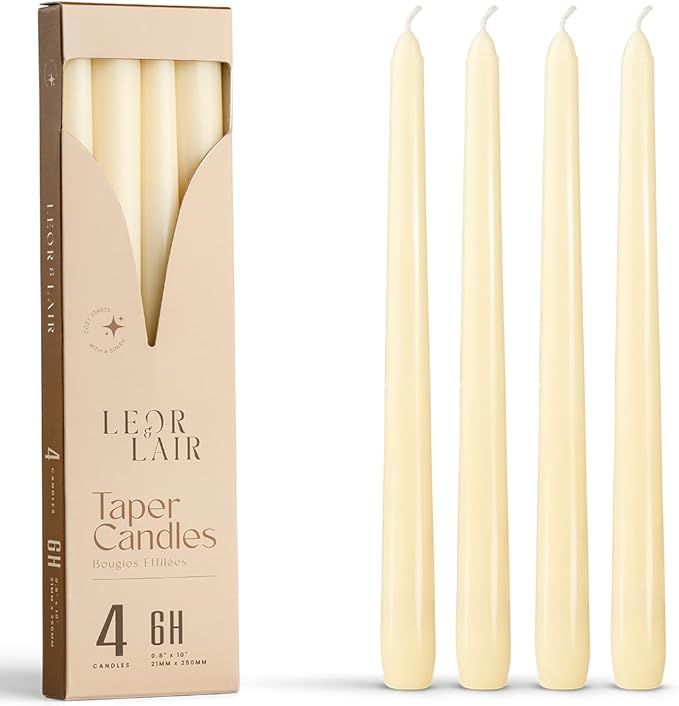 Leor & Lair Ivory Taper Candles - 4 Pack 10" Ivory Candlesticks - Unscented Cream Candle Sticks for Home Decoration, Holiday Tables, Weddings, Restaurants & Business Events