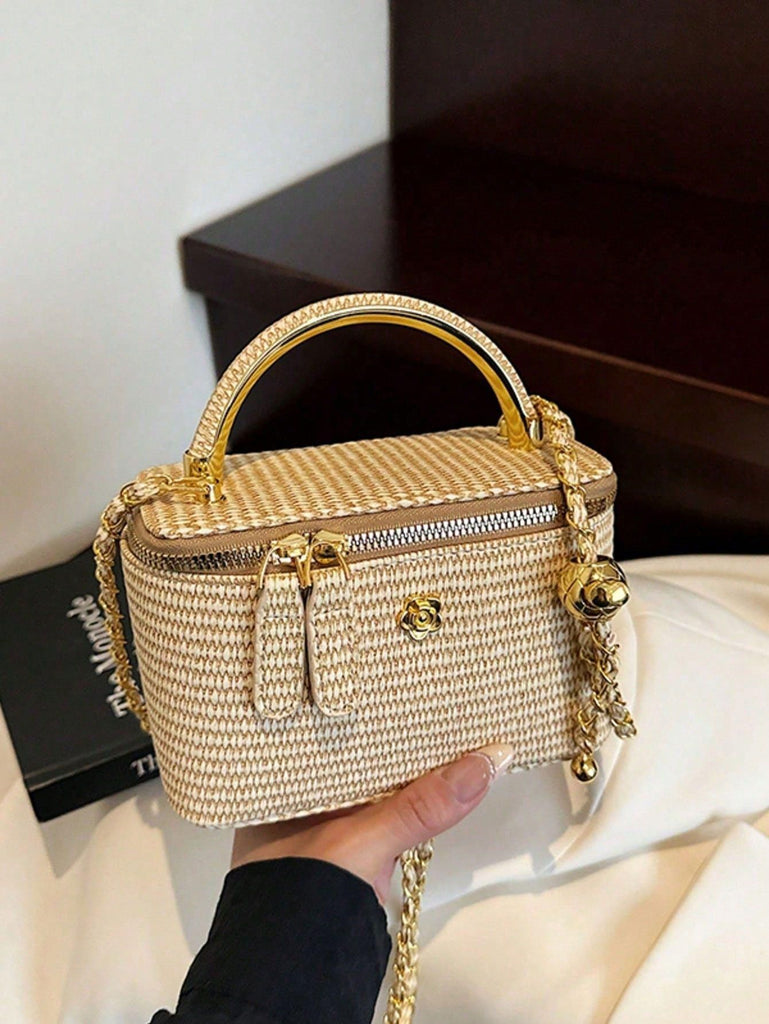 Light Luxury Woven Square Makeup Case, Camellia Hardware Handbag, Portable Crossbody Chain Storage Bag for Skincare Products
