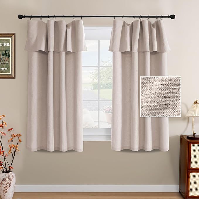 Linen Curtains with Valance 63 Inch Long 2 Panels Farmhouse Boho Privacy Window Curtains for Living Room Bedroom Ring/Rod Pocket Privacy Light Filtering Drapes, 52x 63 Inch, Heather Sand