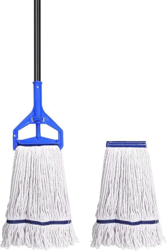 Loop-End String Mop Heavy Duty Commercial Industrial Mops with 2 Extra Mop Heads Replacement, 59 Inch Cotton Wet Mop for Floor Cleaning