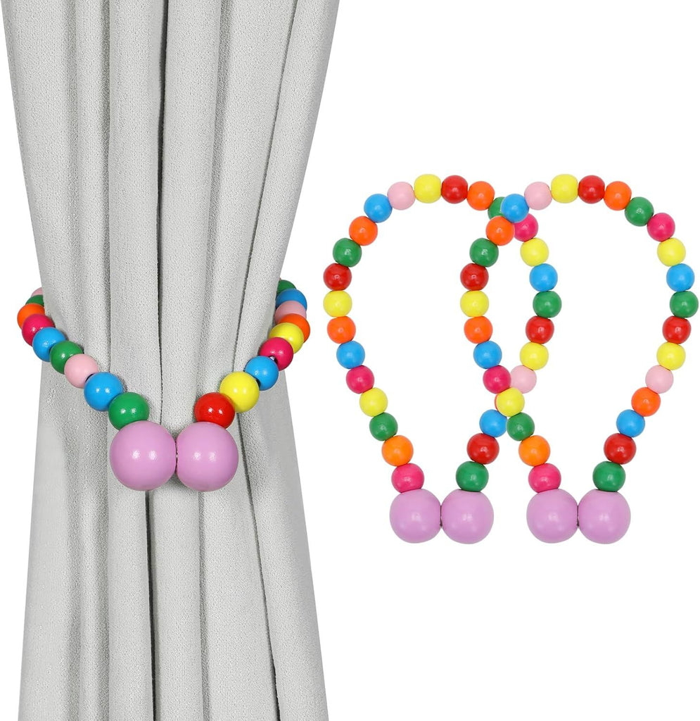 Magnetic Curtain Tiebacks, Curtain Tie Backs for Curtains 2 Pack, Wood Bead Curtain Tiebacks, Curtain Holders for Boho Bedroom Decor, Baby Nursery Decor, Farmhouse Décor