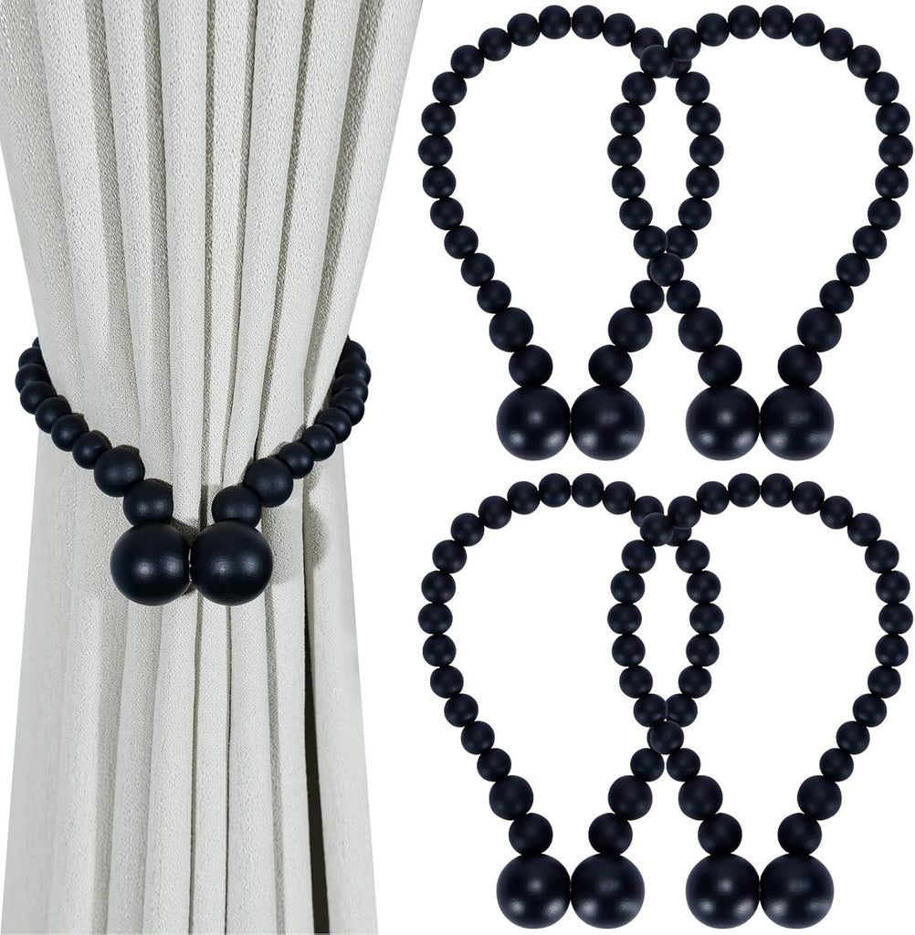 Magnetic Curtain Tiebacks, Curtain Tie Backs for Curtains 4 Pack, Wood Bead Curtain Tiebacks, Curtain Holders for Boho Bedroom Decor, Baby Nursery Decor, Farmhouse Decor