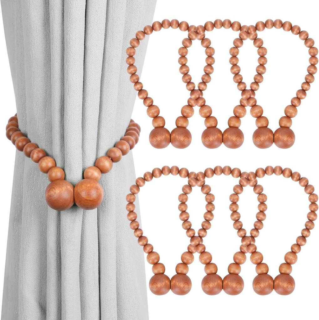 Magnetic Curtain Tiebacks, Curtain Tie Backs for Curtains 6 Pack, Wood Bead Curtain Tiebacks, Curtain Holders for Boho Bedroom Decor, Baby Nursery Decor, Farmhouse Decor