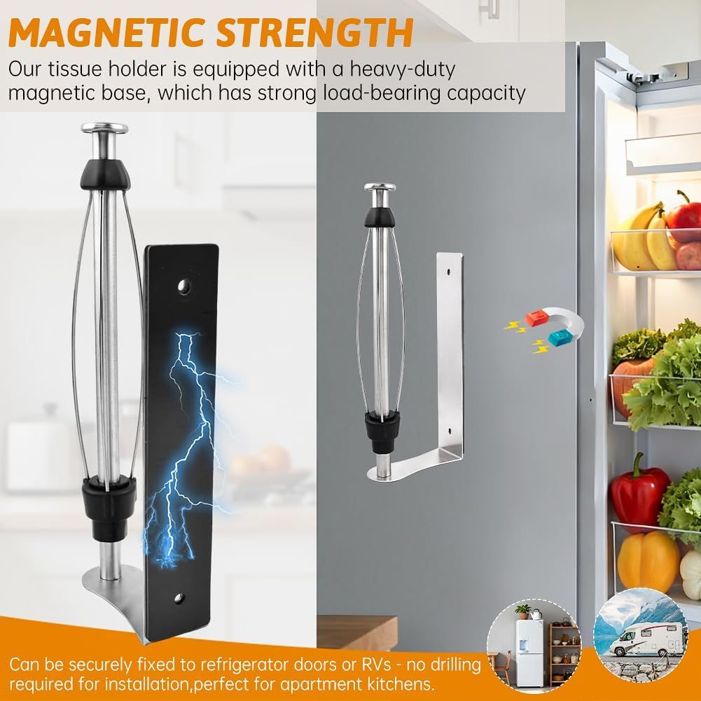 Magnetic Paper Towel Holder for Fridge, No Drill, One Hand Tear Paper Towel Holder with Ratchet Mechanism, Self-Adhesive & Wall Mount for Refrigerator, Kitchen, Garage, RV(Color:Silver)