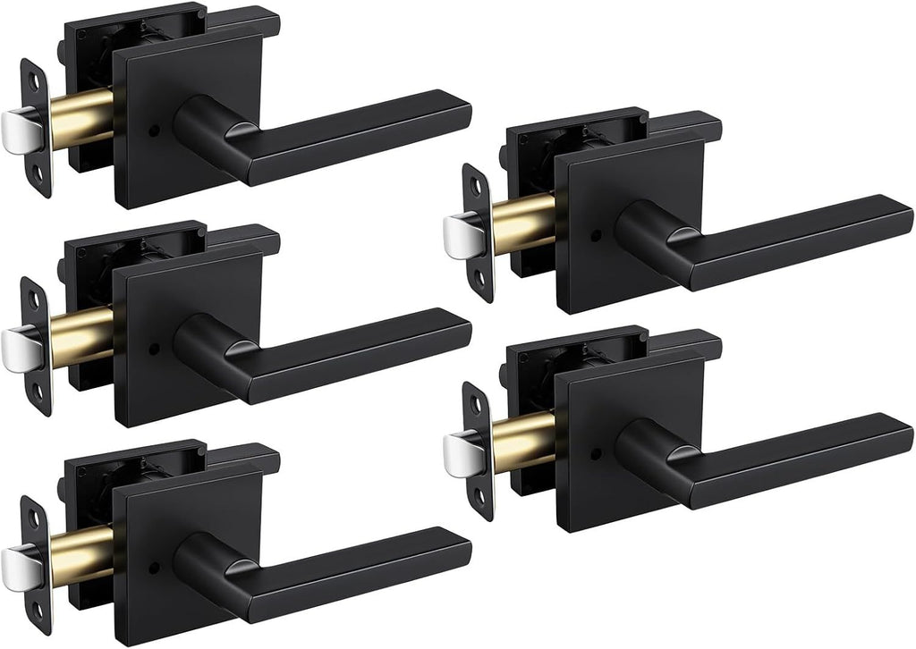 Matte Black Door Handles Interior, Zinc Alloy Heavy Duty Privacy Door Levers for Bedroom, Contemporary Bathroom Interior Door Handles Bulk (5 Pack)