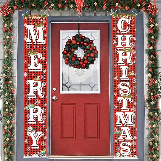Merry Christmas Hanging Banner Porch Sign with Pattern Christmas Tree Presents Snow Banner for Home Yard Indoor Outdoor Wall Door Christmas Party Decorations 72"x12"