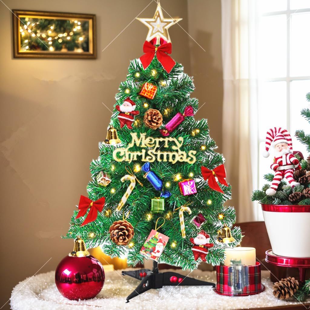 Mini Christmas Tree Small Christmas Tree with LED Lights Ornaments Tabletop Artificial Christmas Decorations Indoor Christmas Decor 24"/60cm