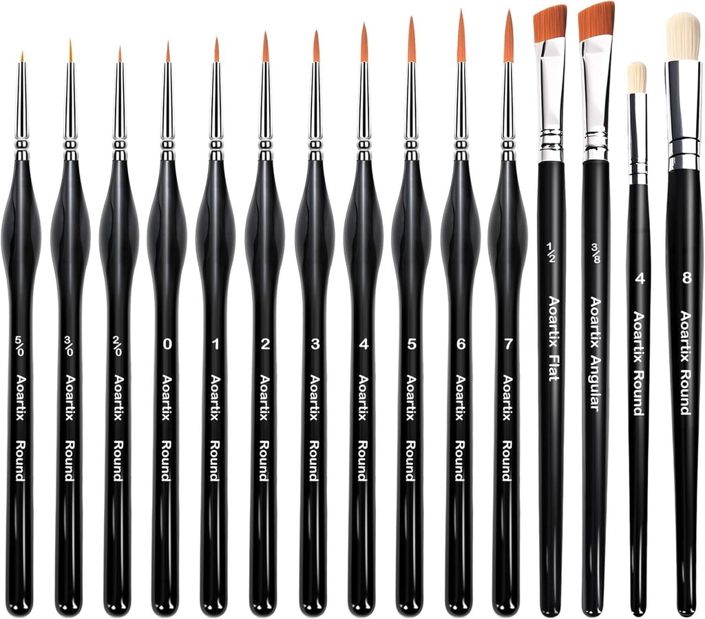 Miniature Brush Dry Brushes, Aoartix 15 Pcs Model Brush Set for Acrylic Oil Watercolor Face, Detail Dry PaintBrushes for Models Miniatures Digital Small Crafts Painting Supplies- Triangular Handles