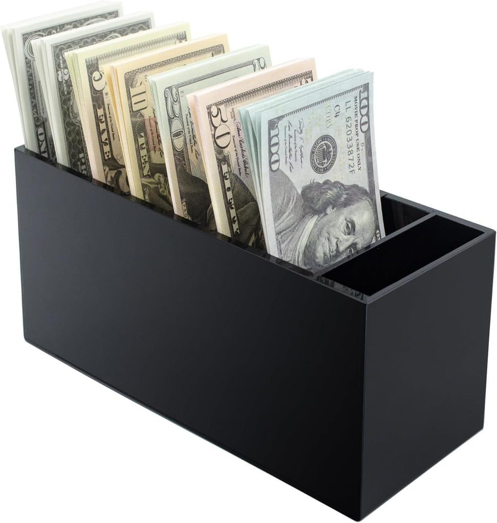 Money Organizer for Cash with 8 Compartments, Black Acrylic Cash Tray & Cash Drawer Insert, Durable Money Holder for Bills, Cash Divider Box for Cash Sorting and Cash Storage