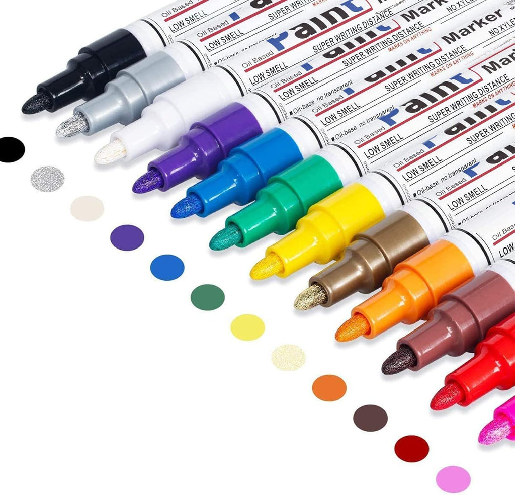 Oil Based Paint Pen, Permanent Paint Marker: Quick-Dry, Waterproof Marker Set of 12 for Rock Painting, Glass, Fabric, Ceramic, Wood, Metal, Mug, Plastic, Stone, Christmas Art Craft Supplies Kit