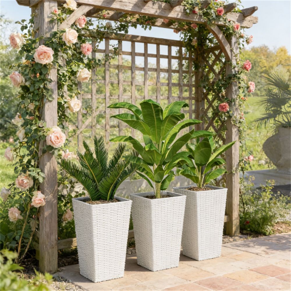 Outdoor flowerpot, set of 3, conical flowerpot, white