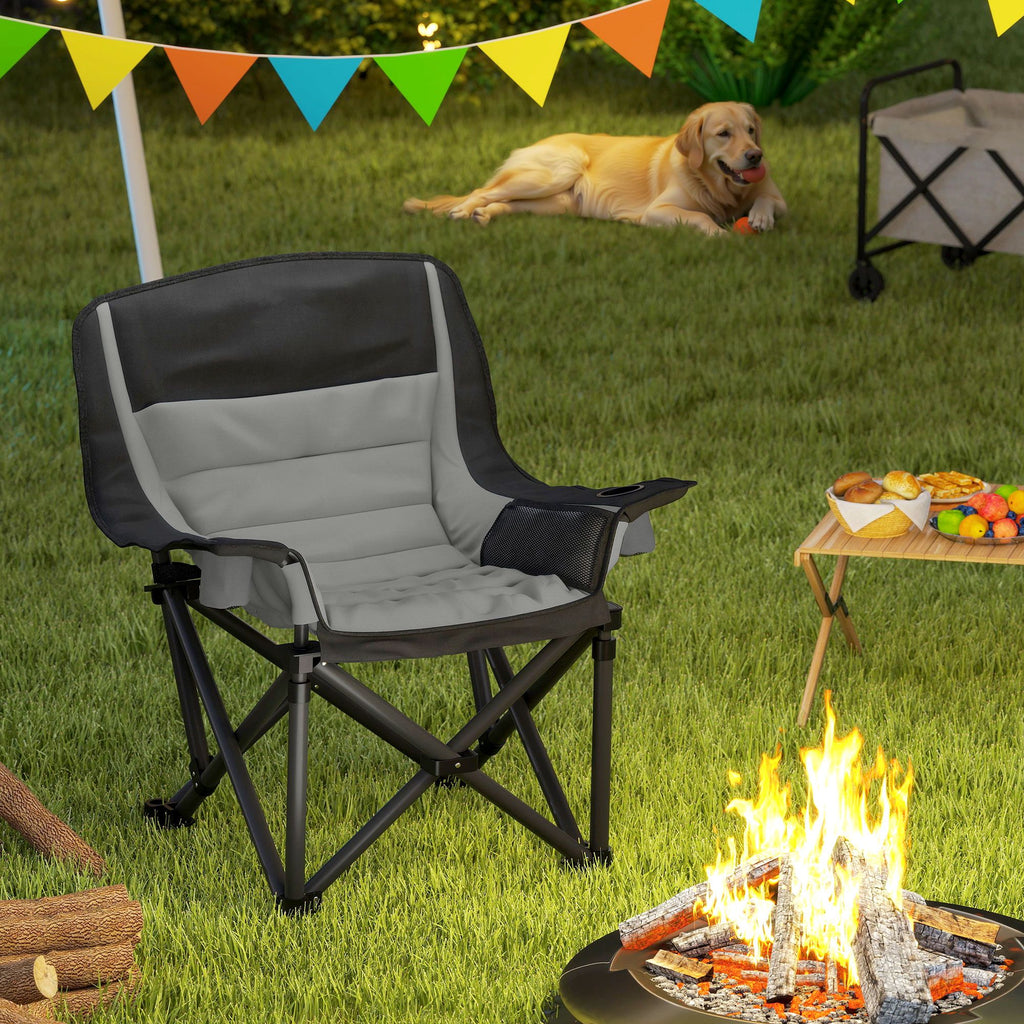 Padded Camping Chair for Adults, Portable Folding Camping Chair with Side Pockets, Cup Holders, Carry Bag, Gray