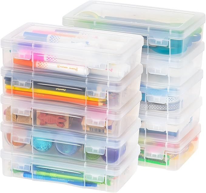 Pencil Case Plastic Pouch Box Storage Organizer for Beads, Pens, and Art Supplies, 10-Pack, Stackable Container with Snap Lid for Jewelry, Stickers, and Tackle Box, Clear, Medium