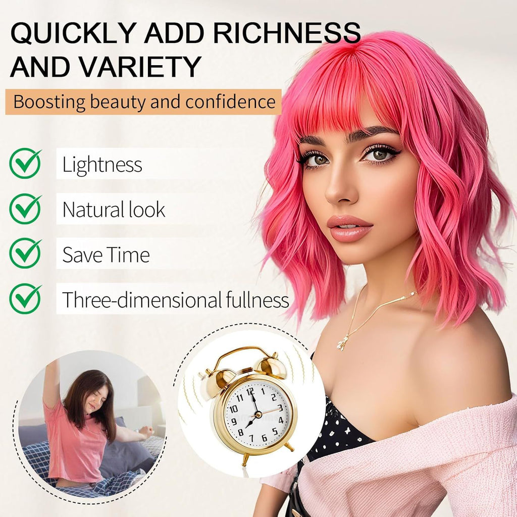 Pink Wigs Short Wavy Hair Pastel Bob Wig with Bangs Shoulder Length Synthetic Hair for Women Girl Colorful Cosplay Wig Synthetic Heat Resistant Fiber for Daily Party Halloween Use(313#Pink)