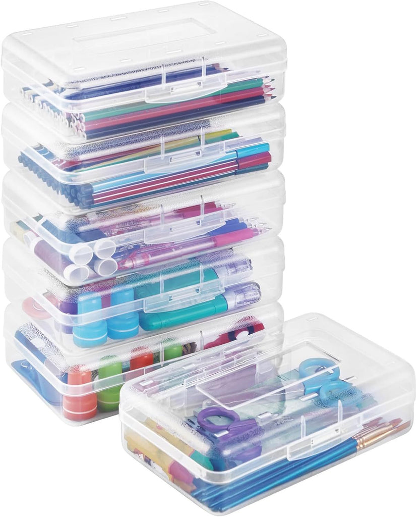 Plastic Pencil Case Box 6 Pack, Large Crayon Maker Pen Organizer, Plastic Containers with Snap Lids, Stackable Craft Storage Boxes Bulk, School Supplies Art Box for Bead, Clear