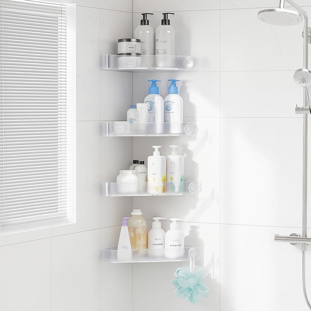 Plastic Shower Caddy Corner (For 90° Only), 4 Pack Adhesive Corner Shower Shelves for Bathroom Organizers and Storage, Crystal