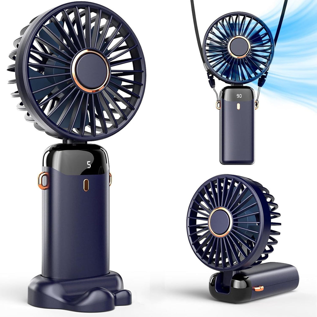 Portable Handheld, Battery Operated with Base, 8 Hours, Digital Display, 5 Speeds, 90° Ajustable, Rechargeable Mini for Outdoor Indoor